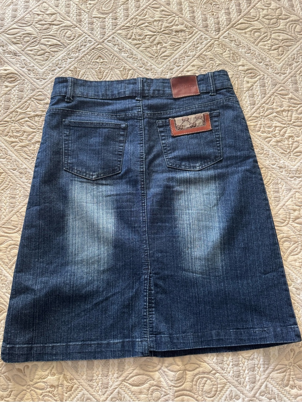 Gucci Blue Denim A-Line Skirt with Leather Logo Patch